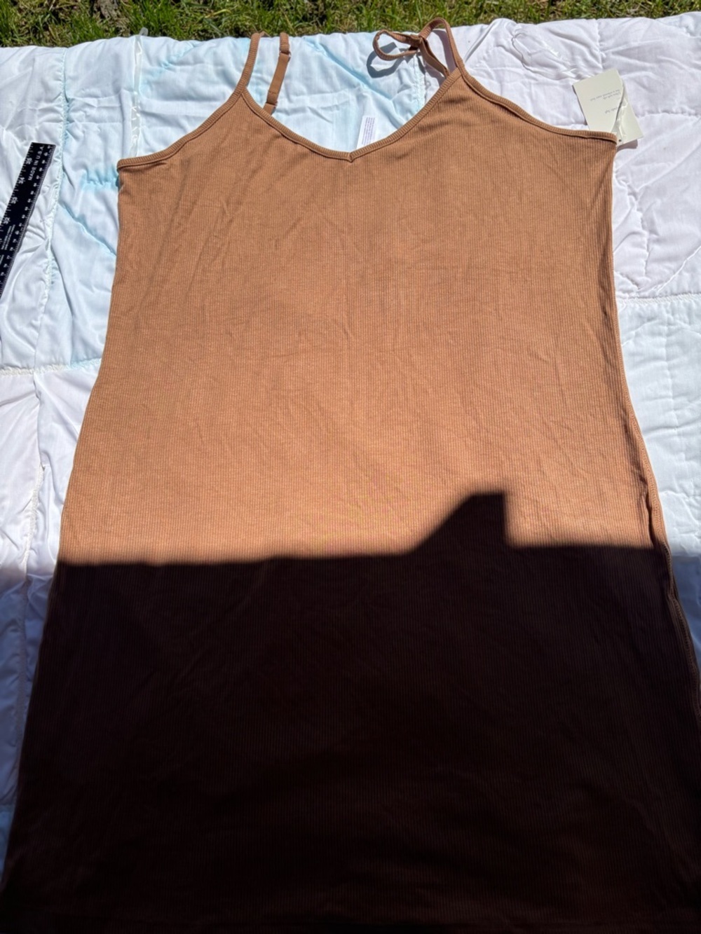 stars above Tan Ribbed Slip Dress